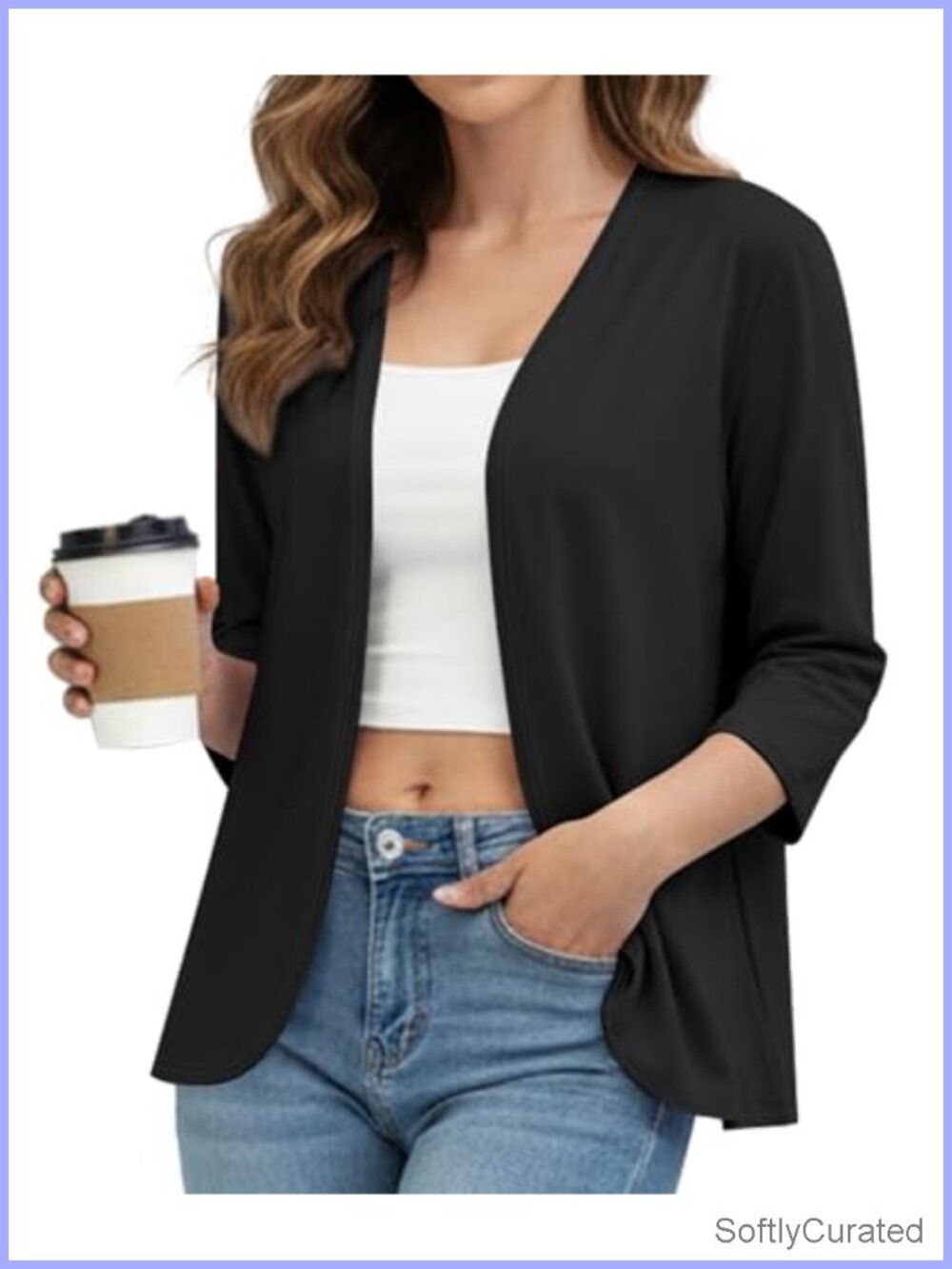 Women's Soft Lightweight 3/4 Sleeve Open Front Cardigan Curved Hem Lightweight